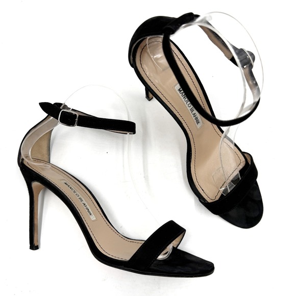 Manolo Blahnik Chaos Sandal Black Suede Ankle Strap Heels Womens Sz 38.5 / 8.5